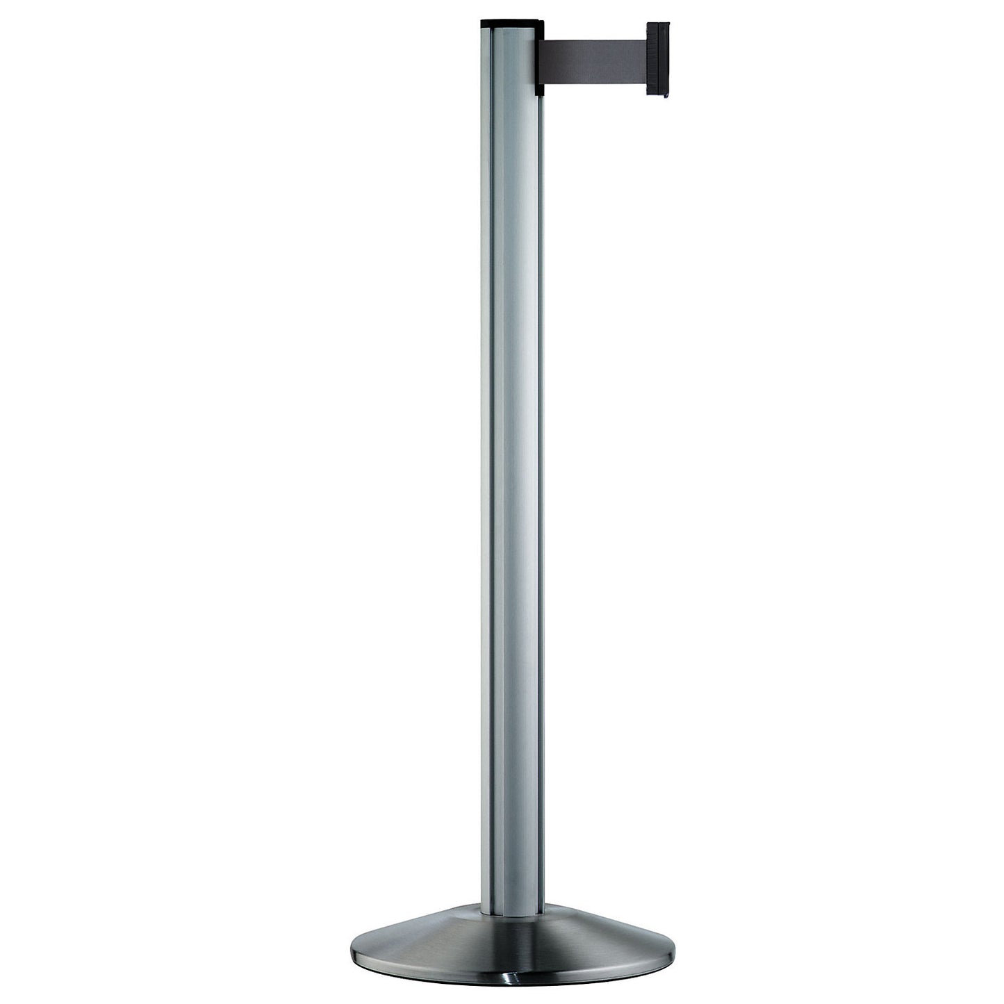Belt post made of aluminium, post brushed chrome, extends 2300 mm, belt colour silver grey.