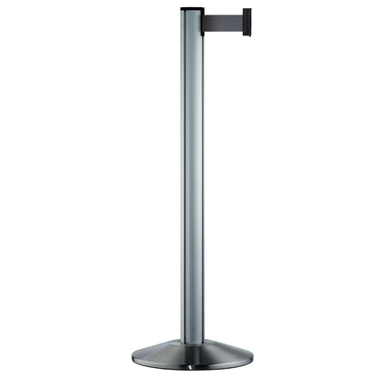 Belt post made of aluminium, post brushed chrome, extends 2300 mm, belt colour silver grey.