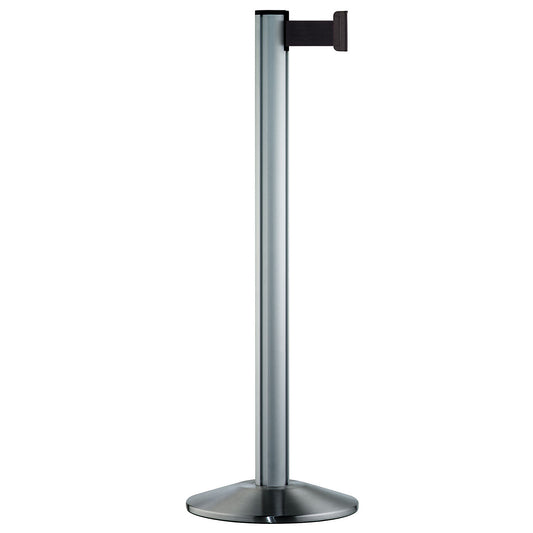 Belt post made of aluminium, post brushed chrome, extends 2300 mm, belt colour black.