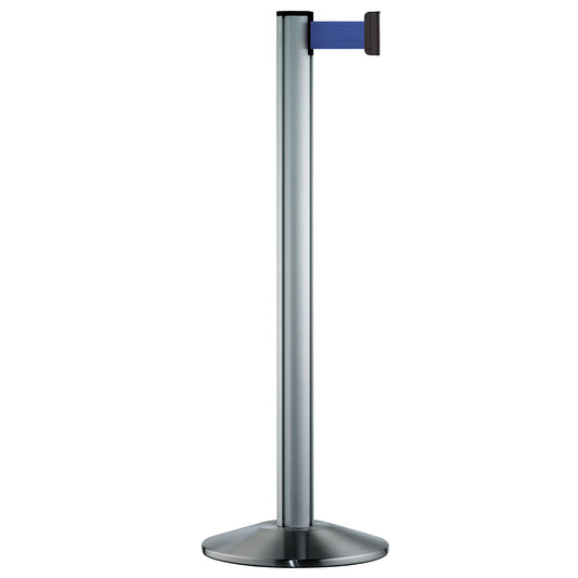 Belt post made of aluminium, post brushed chrome, extends 2300 mm, belt colour blue.