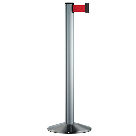 Belt post made of aluminium, post brushed chrome, extends 2300 mm, belt colour red.