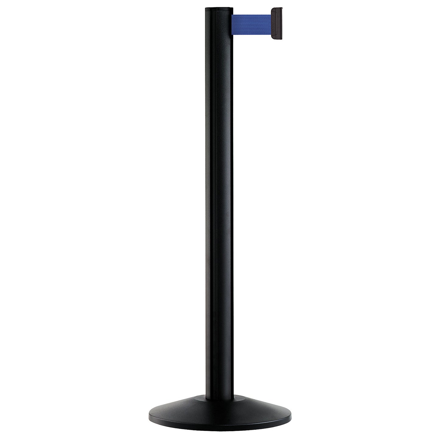 Belt post made of aluminium, post black, extends 2300 mm, belt colour blue.