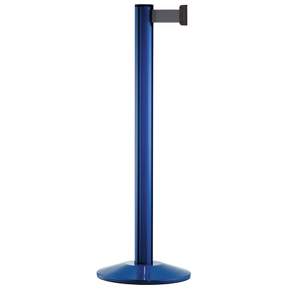 Belt post made of aluminium, post blue, extends 2300 mm, belt colour silver grey.