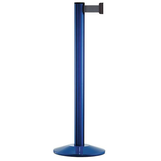 Belt post made of aluminium, post blue, extends 2300 mm, belt colour silver grey.