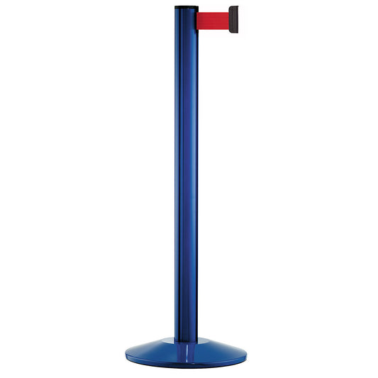 Belt post made of aluminium, post blue, extends 2300 mm, belt colour red.