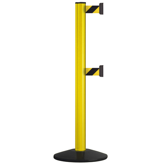 Belt post made of aluminium, belt extends to 2300 mm, post colour yellow, 2 tape belts.