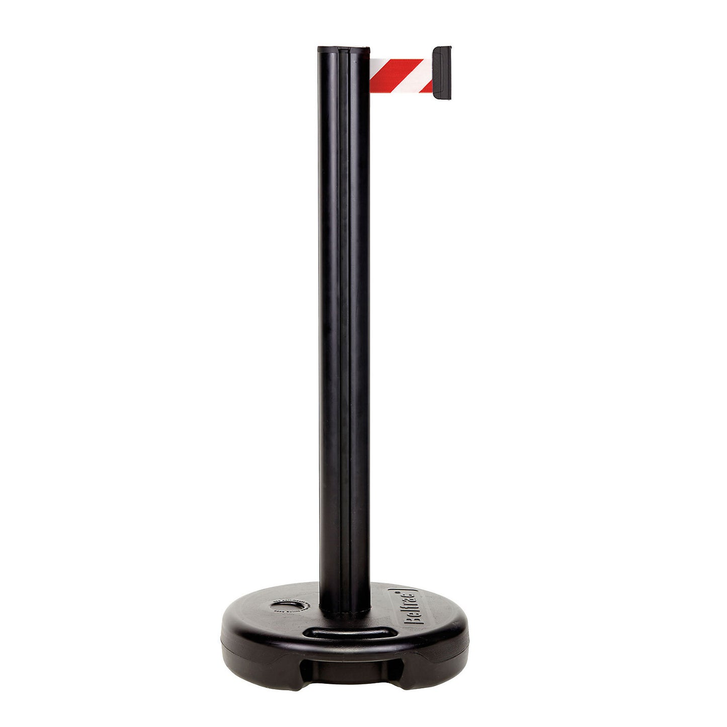 Belt barrier made of plastic, belt extends to max. 3700 mm, post black, belt red / white.