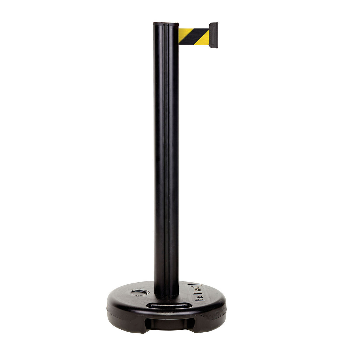 Belt barrier made of plastic, belt extends to max. 3700 mm, post black, belt yellow / black.