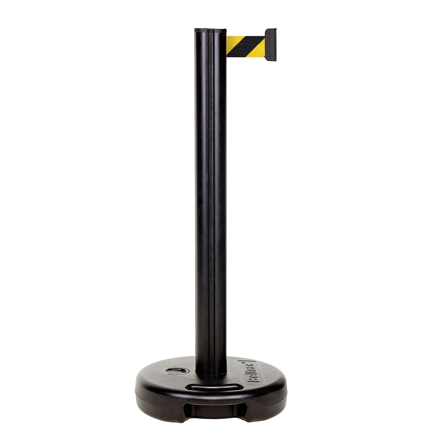 Belt barrier made of plastic, belt extends to max. 3700 mm, post black, belt yellow / black.