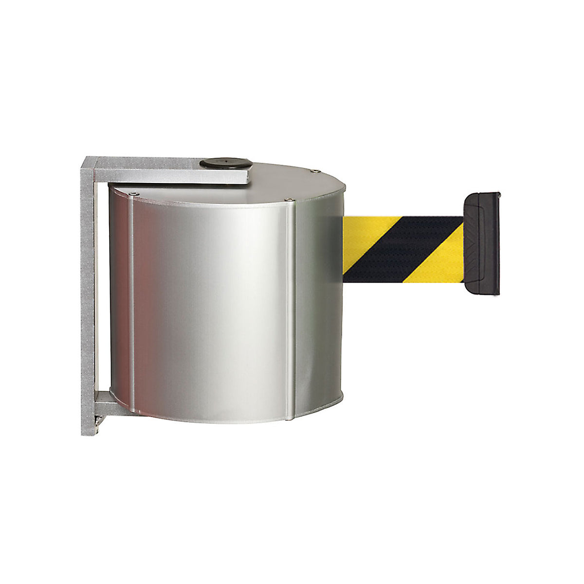 Tape belt cartridge made of aluminium, screw-on, incl. wall clip, black / yellow belt.