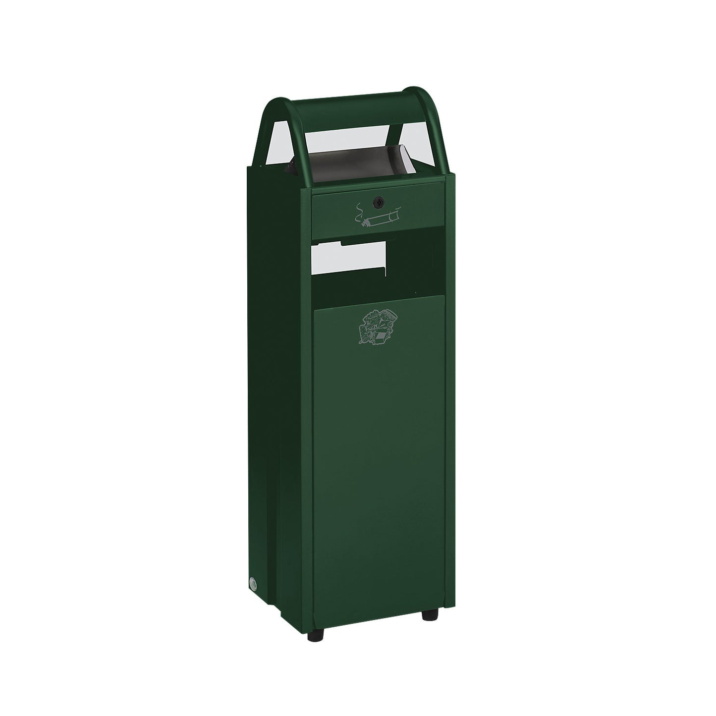 Waste collector with ashtray, capacity 35 l, WxHxD 300 x 960 x 250 mm, green RAL 6005.