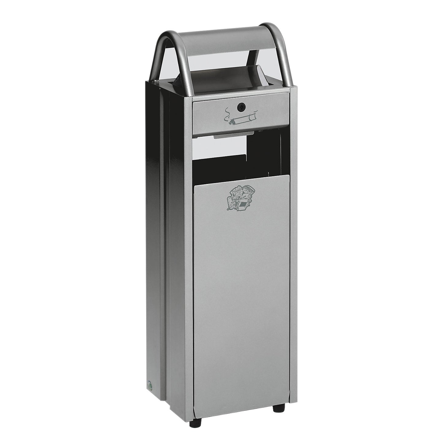 Waste collector with ashtray, capacity 35 l, WxHxD 300 x 960 x 250 mm, silver.