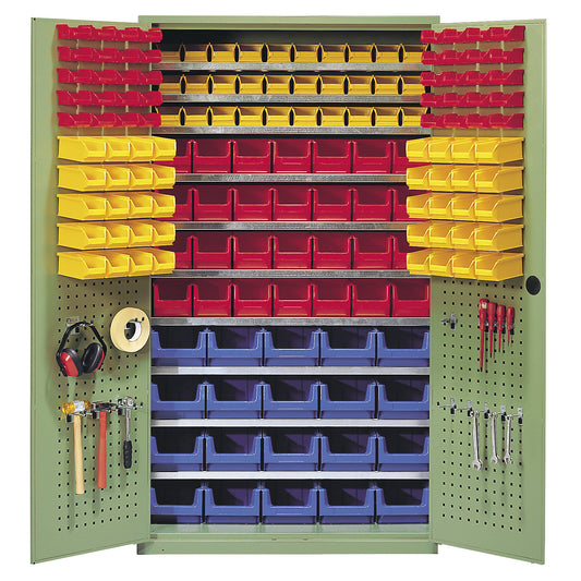 Large cupboard, 10 shelves, 158 open fronted storage bins, reseda green RAL 6011.