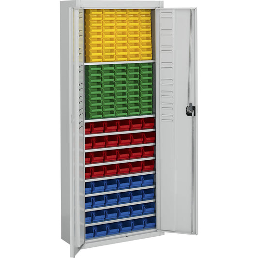 Storage cupboard with open fronted storage bins, HxWxD 1740 x 680 x 280 mm, single colour, grey, 138 bins.