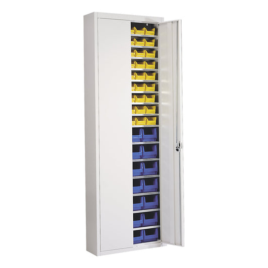 Storage cupboard with open fronted storage bins, HxWxD 2150 x 680 x 280 mm, single colour, grey, 82 bins.