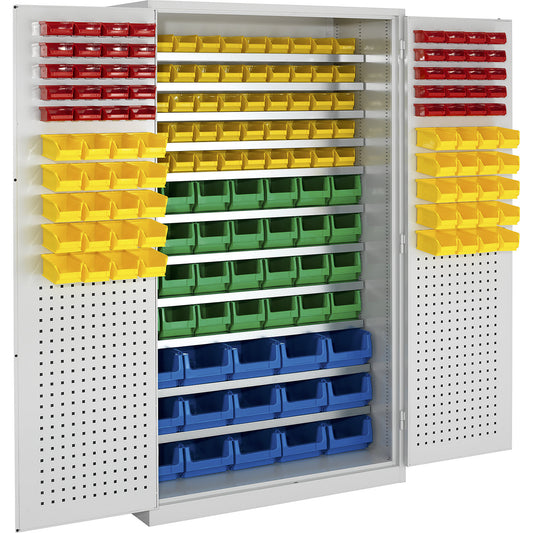Large cupboard, 11 shelves, 173 open fronted storage bins, light grey RAL 7035.