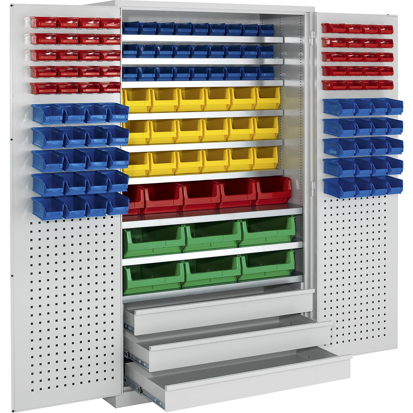 Large cupboard, 9 shelves, 142 open fronted storage bins, 3 drawers, light grey.
