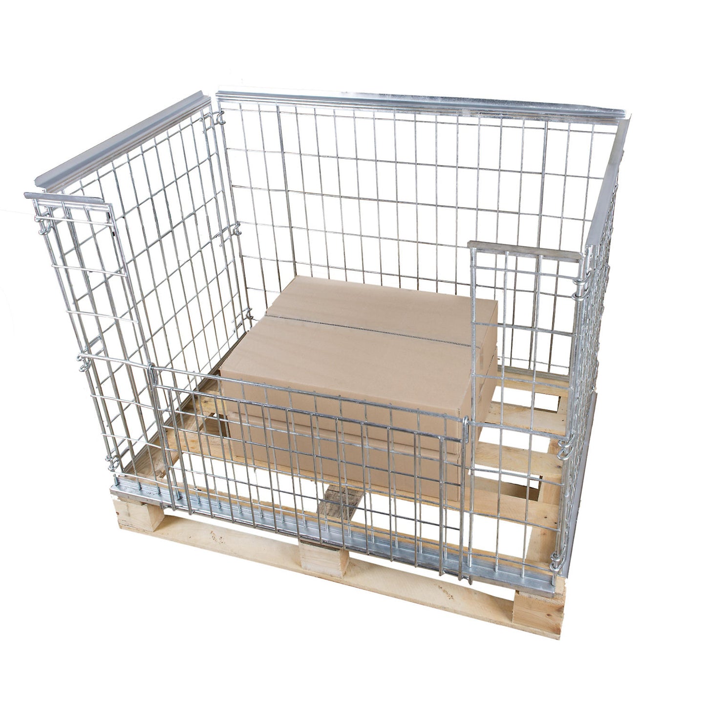 Mesh pallet collar, for stacking, long side with flap, for pallets 1200 x 800, H 1160 mm, zinc-plated.