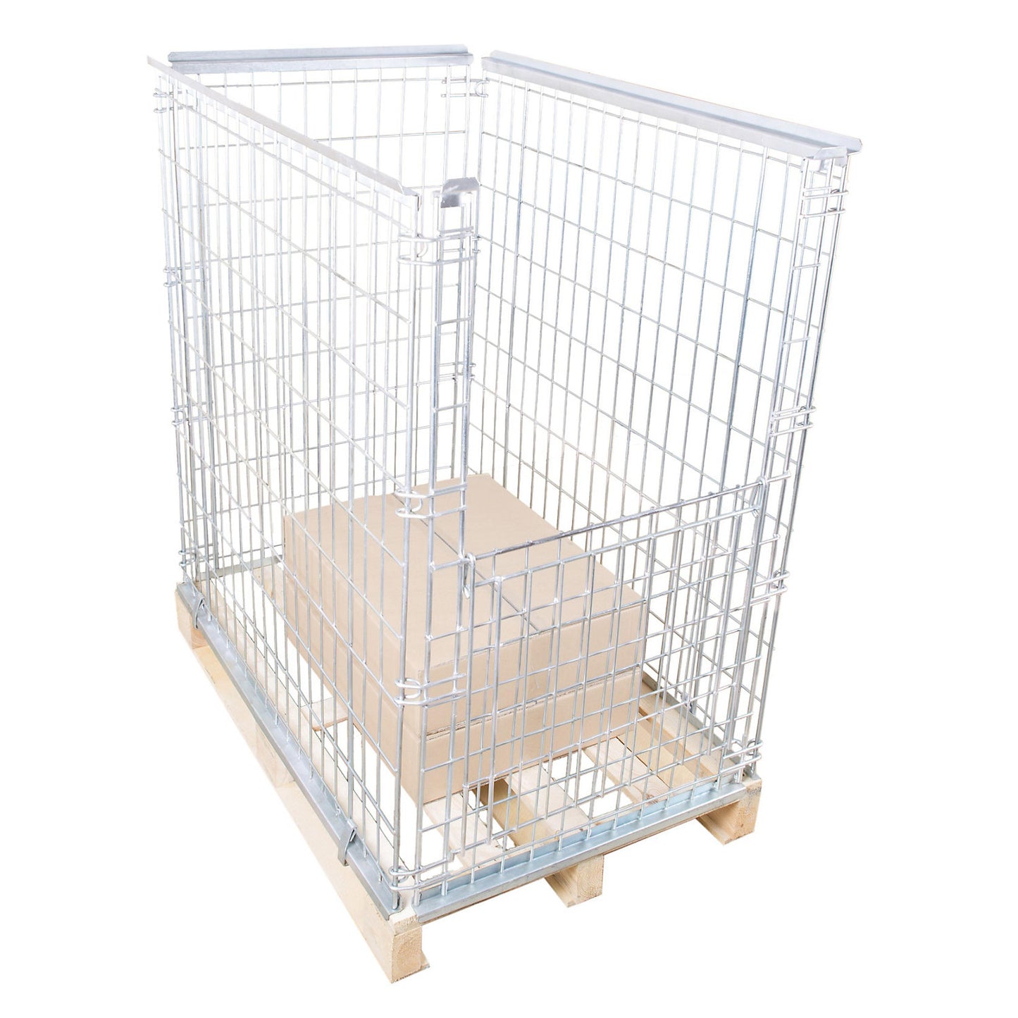 Mesh pallet collar, for stacking, front panel with flap, for pallets 1200 x 800, H 1160 mm, zinc-plated.