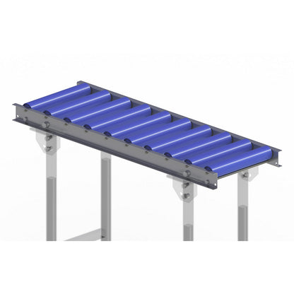 Light duty roller conveyor, steel frame with plastic rollers, track width 300 mm, axle spacing 100 mm, length 1 m.