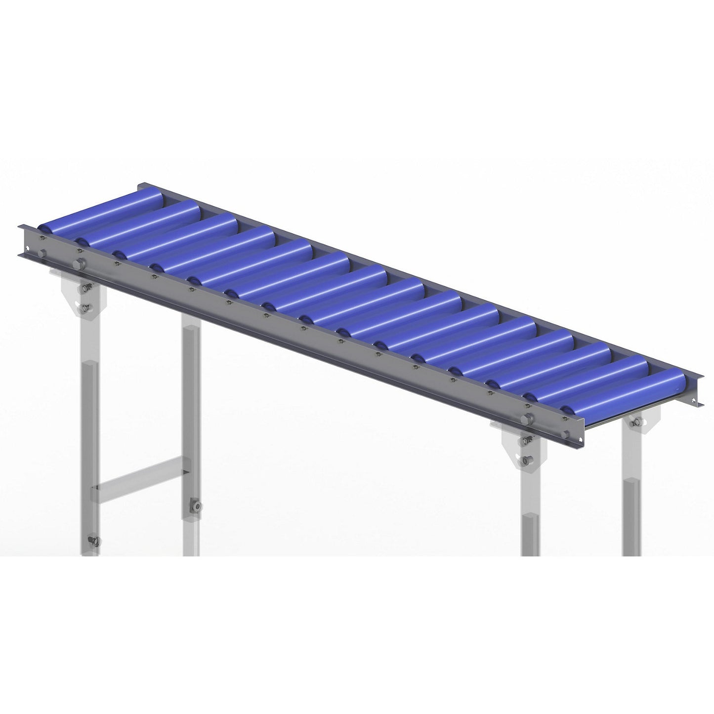 Light duty roller conveyor, steel frame with plastic rollers, track width 300 mm, axle spacing 100 mm, length 1.5 m.