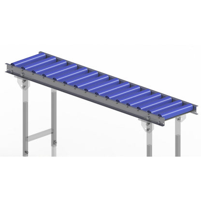 Light duty roller conveyor, steel frame with plastic rollers, track width 300 mm, axle spacing 100 mm, length 1.5 m.