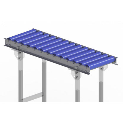 Light duty roller conveyor, steel frame with plastic rollers, track width 300 mm, axle spacing 75 mm, length 1 m.