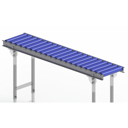 Light duty roller conveyor, steel frame with plastic rollers, track width 300 mm, axle spacing 75 mm, length 1.5 m.