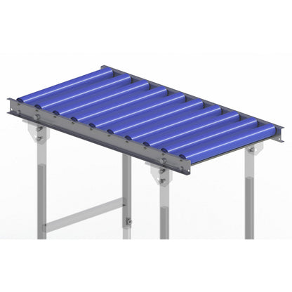 Light duty roller conveyor, steel frame with plastic rollers, track width 500 mm, axle spacing 100 mm, length 1 m.