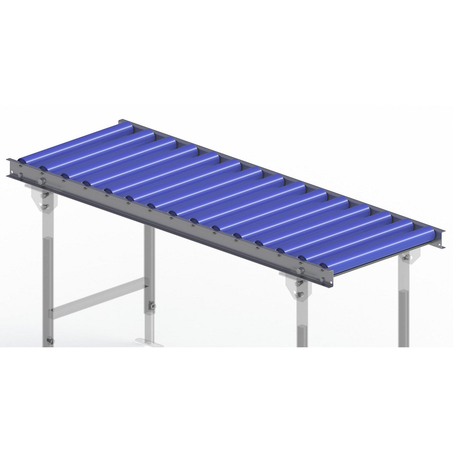 Light duty roller conveyor, steel frame with plastic rollers, track width 500 mm, axle spacing 100 mm, length 1.5 m.