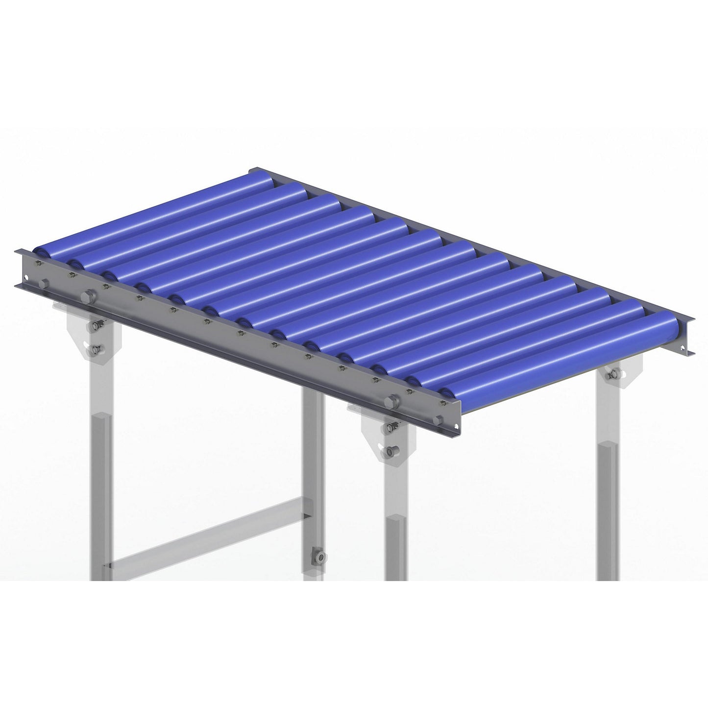 Light duty roller conveyor, steel frame with plastic rollers, track width 500 mm, axle spacing 75 mm, length 1 m.
