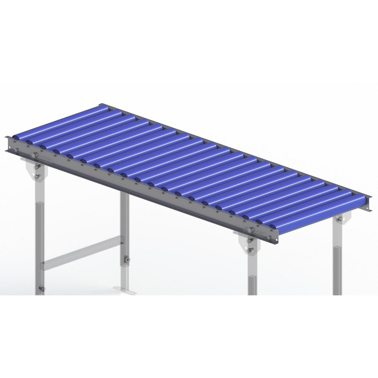 Light duty roller conveyor, steel frame with plastic rollers, track width 500 mm, axle spacing 75 mm, length 1.5 m.