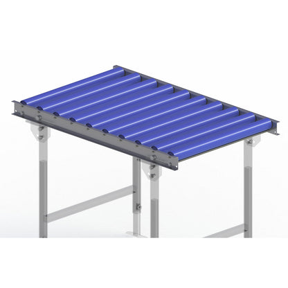 Light duty roller conveyor, steel frame with plastic rollers, track width 600 mm, axle spacing 100 mm, length 1 m.