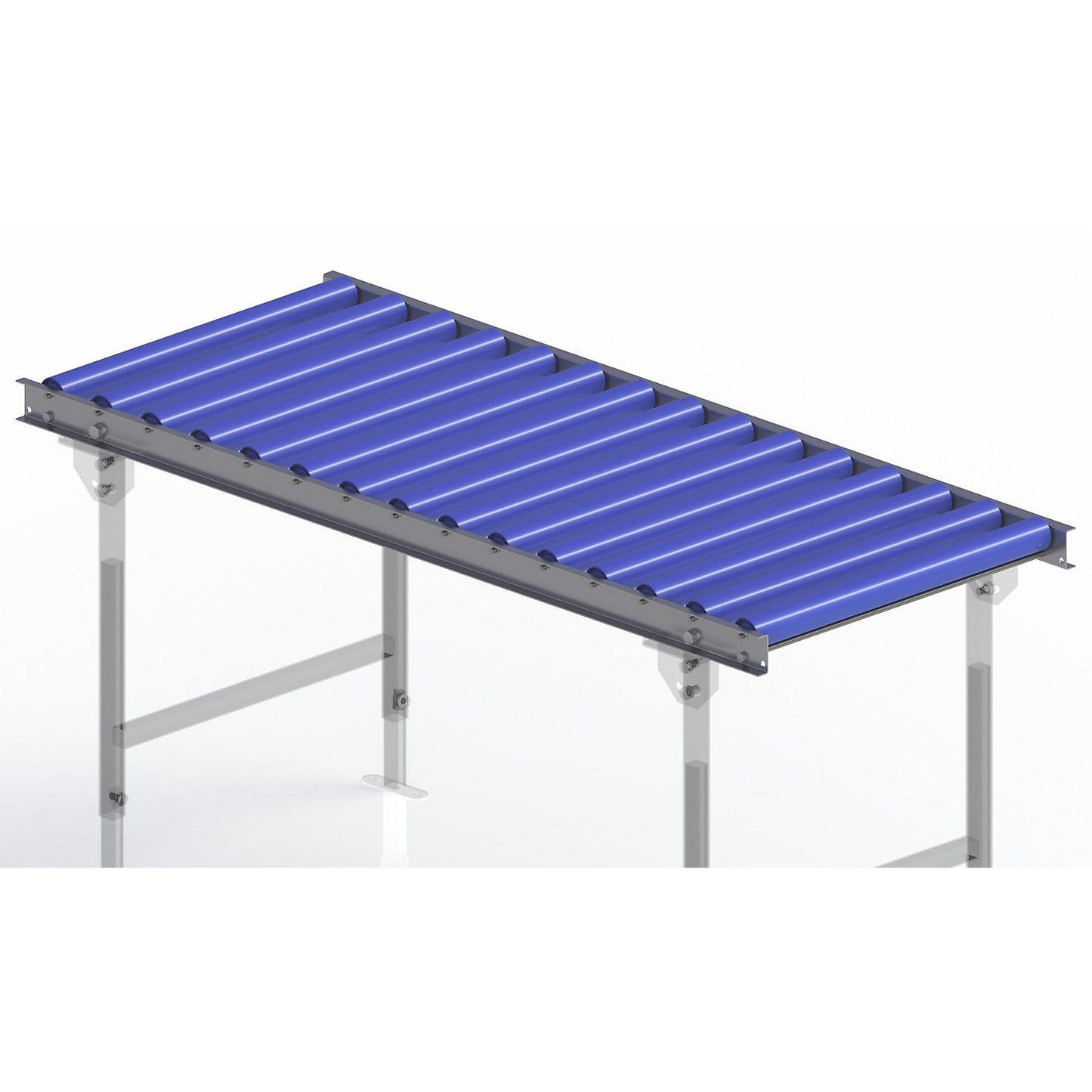 Light duty roller conveyor, steel frame with plastic rollers, track width 600 mm, axle spacing 100 mm, length 1.5 m.
