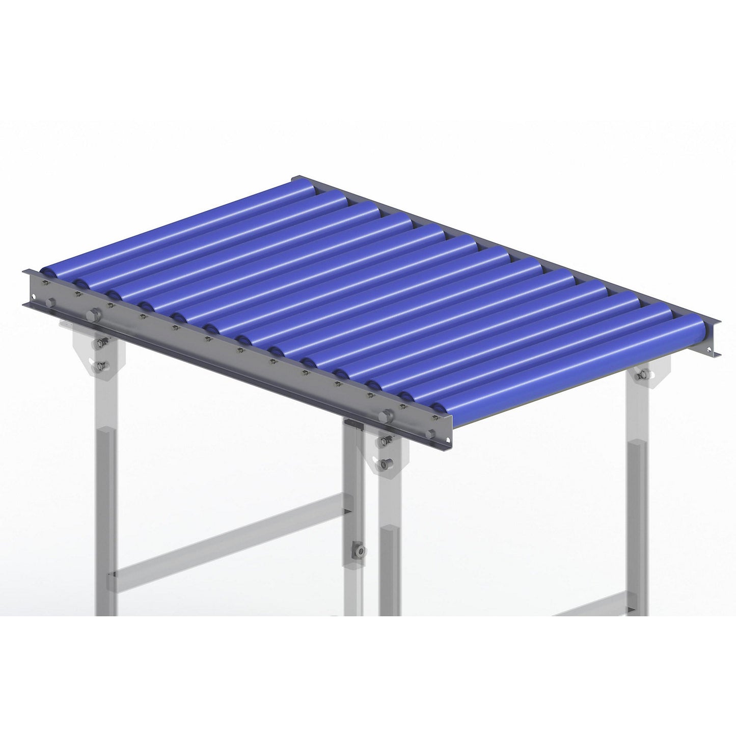 Light duty roller conveyor, steel frame with plastic rollers, track width 600 mm, axle spacing 75 mm, length 1 m.