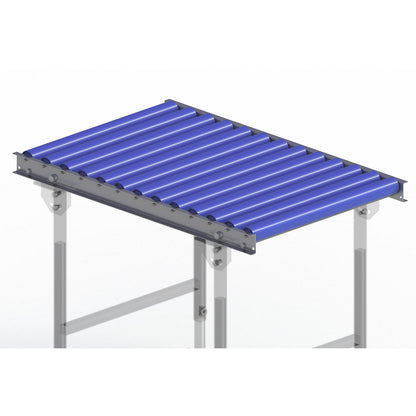 Light duty roller conveyor, steel frame with plastic rollers, track width 600 mm, axle spacing 75 mm, length 1 m.