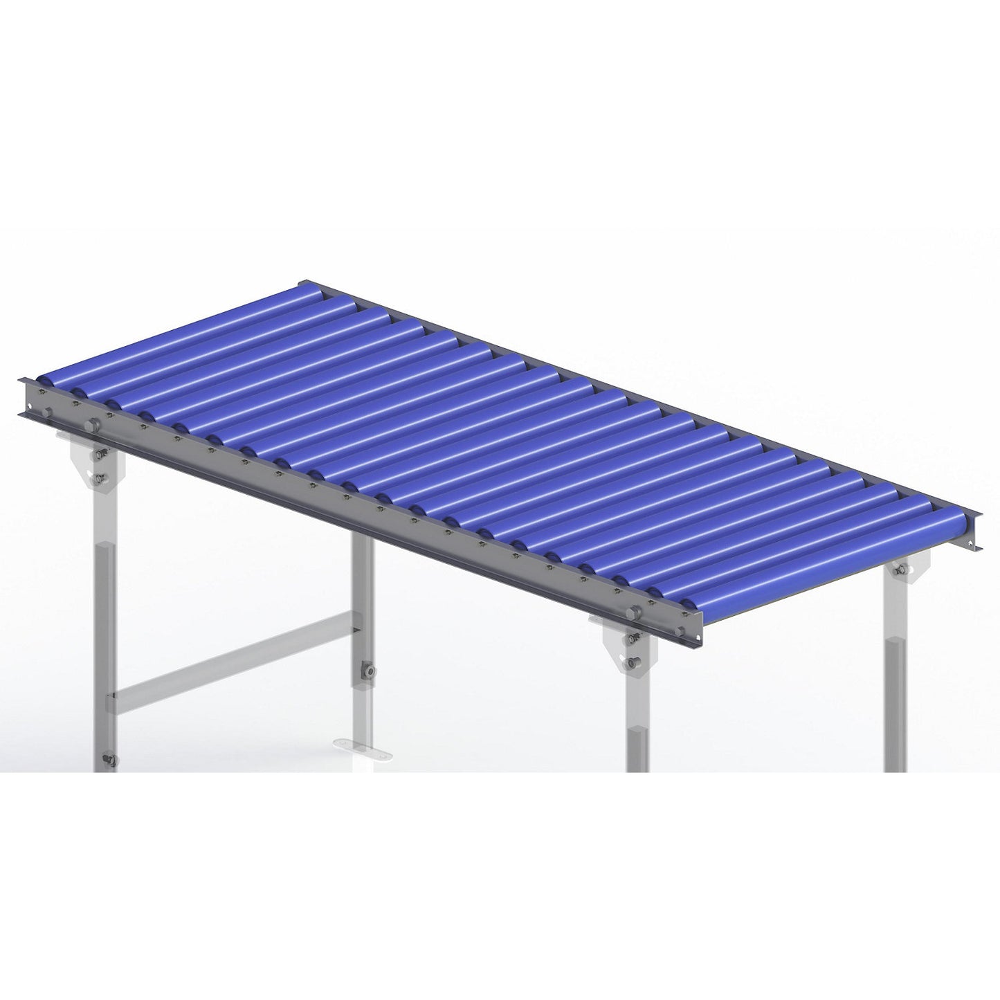 Light duty roller conveyor, steel frame with plastic rollers, track width 600 mm, axle spacing 75 mm, length 1.5 m.