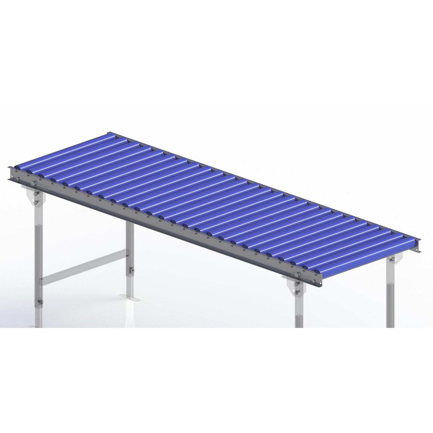 Light duty roller conveyor, steel frame with plastic rollers, track width 600 mm, axle spacing 75 mm, length 2.0 m.