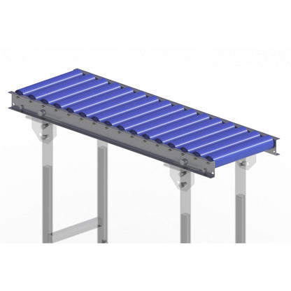 Light duty roller conveyor, steel frame with plastic rollers, track width 300 mm, axle spacing 62.5 mm, length 1 m.