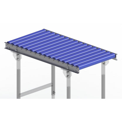 Light duty roller conveyor, steel frame with plastic rollers, track width 500 mm, axle spacing 62.5 mm, length 1 m.