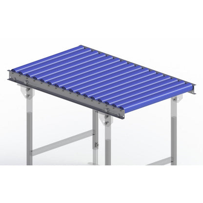 Light duty roller conveyor, steel frame with plastic rollers, track width 600 mm, axle spacing 62.5 mm, length 1 m.