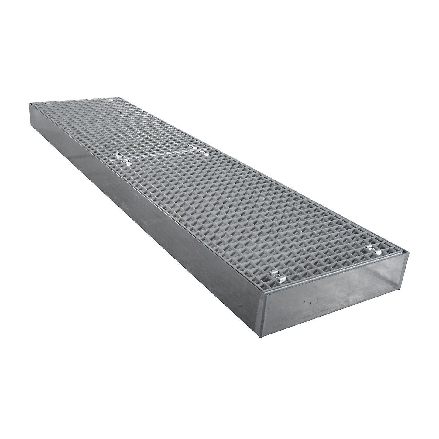 Zinc plated low profile steel sump trays, width 500 mm, length 2000 mm, capacity 85 l.