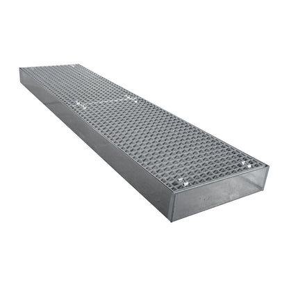 Zinc plated low profile steel sump trays, width 500 mm, length 2000 mm, capacity 85 l.