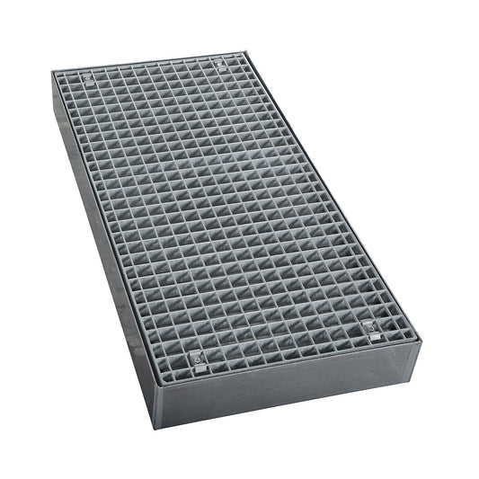 Zinc plated low profile steel sump trays, width 500 mm, length 1000 mm, capacity 40 l.