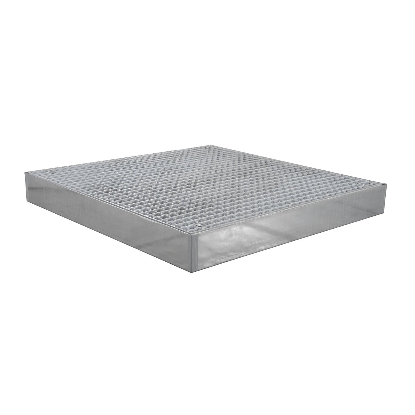 Zinc plated low profile steel sump trays, width 1000 mm, length 1000 mm, capacity 80 l.