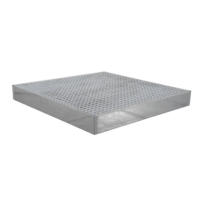 Zinc plated low profile steel sump trays, width 1000 mm, length 1000 mm, capacity 80 l.