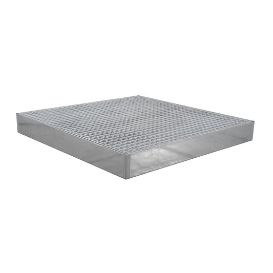 Zinc plated low profile steel sump trays, width 1000 mm, length 1000 mm, capacity 80 l.