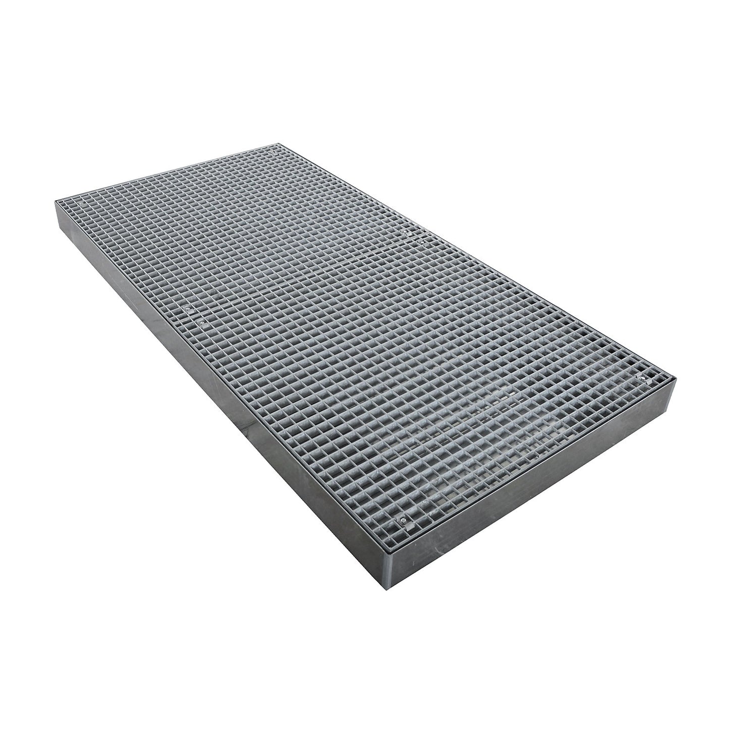 Zinc plated low profile steel sump trays, width 1000 mm, length 2000 mm, capacity 160 l.