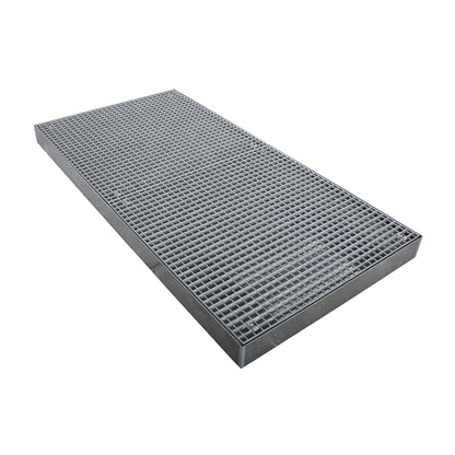 Zinc plated low profile steel sump trays, width 1000 mm, length 2000 mm, capacity 160 l.