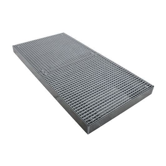 Zinc plated low profile steel sump trays, width 1000 mm, length 2000 mm, capacity 160 l.